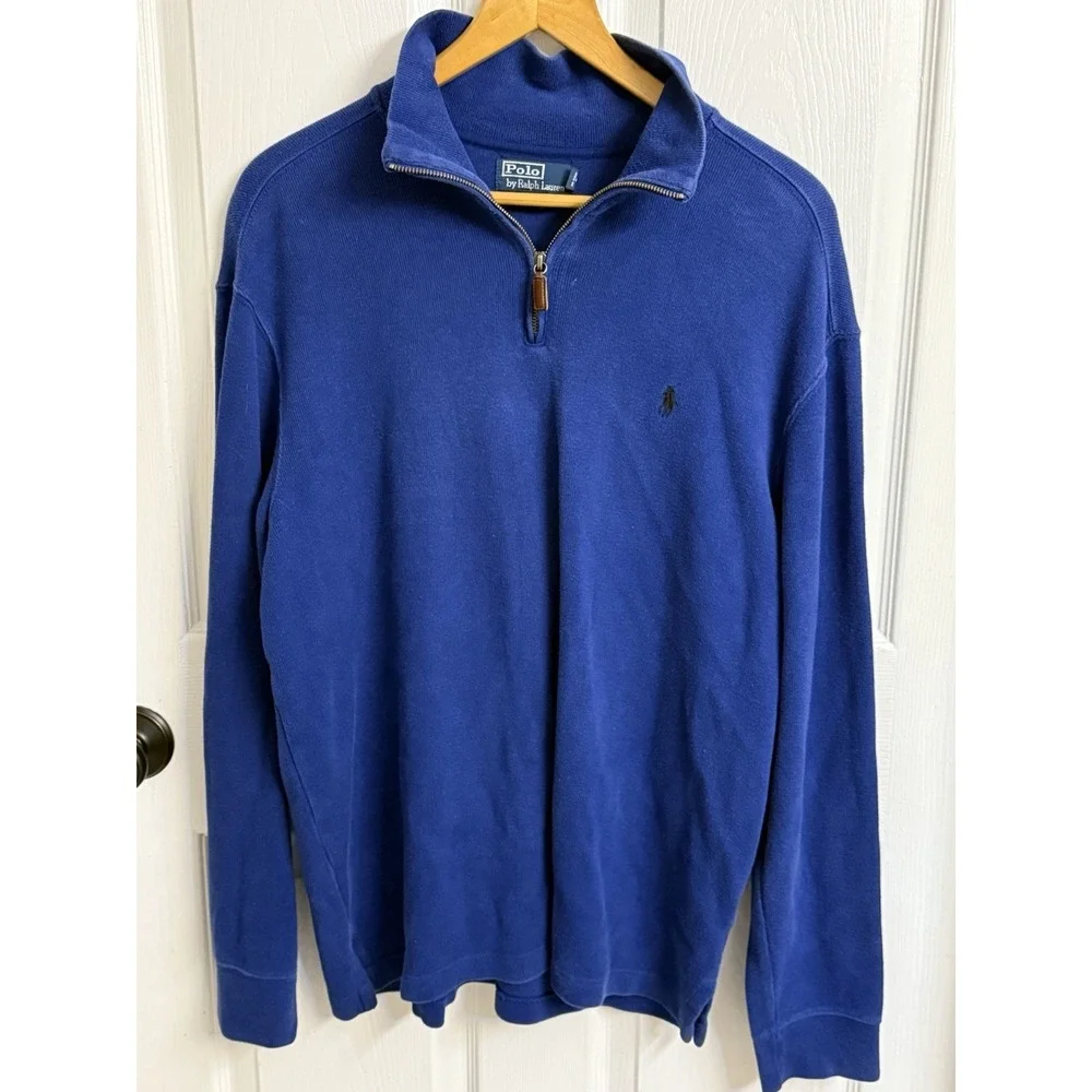 Polo Ralph Lauren Sweater Men's L Blue Quarter 1/4 Zip Mock Neck Pullover Pony